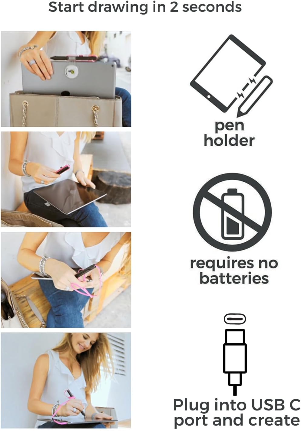 SonarPen (USB C): Battery-Less Pressure Sensitive Stylus Pen, Compatible with iPad/iPhone/Android/Mac/Windows PC and Switch. with Palm Rejection and Shortcut Button. (White)