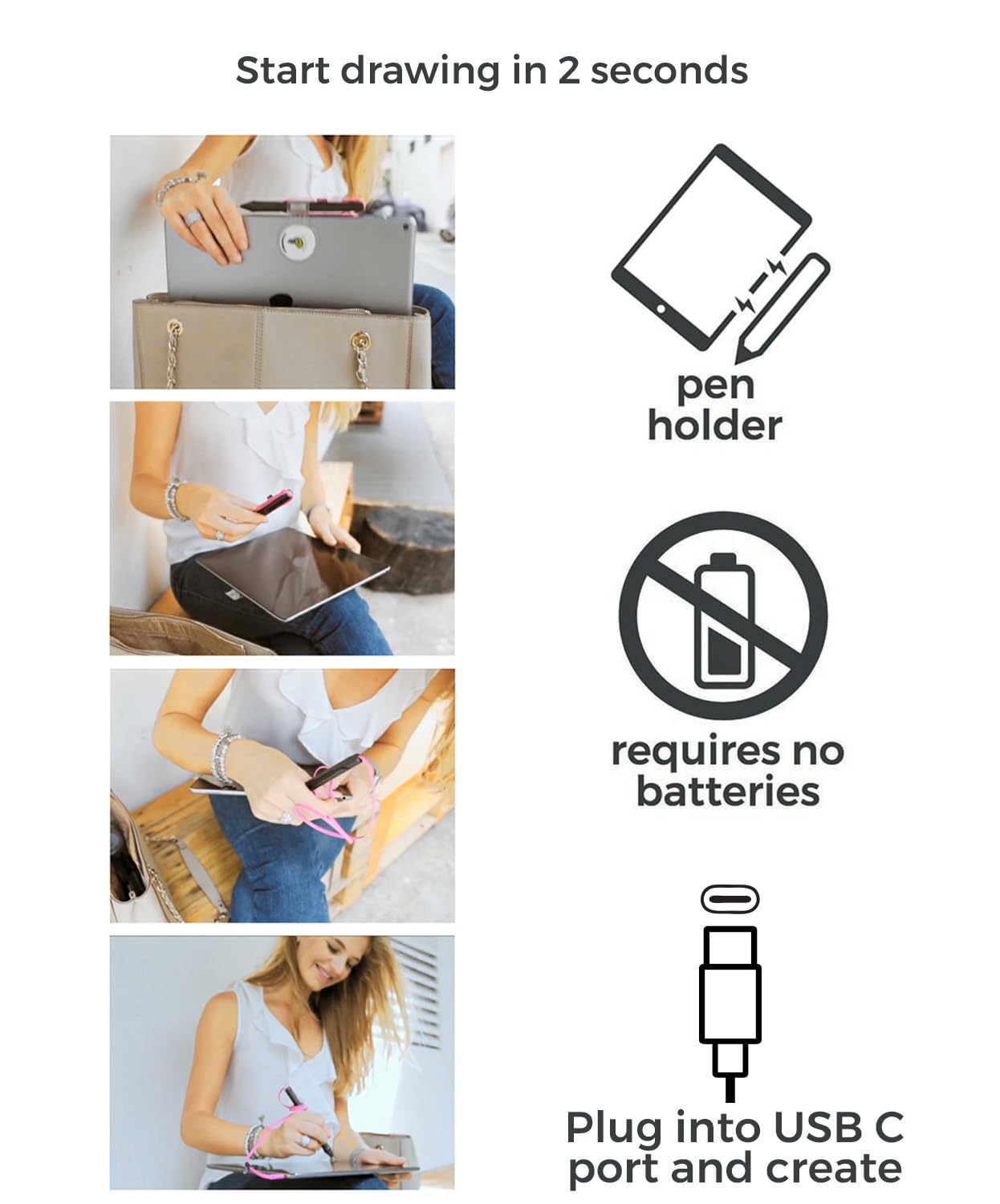 SonarPen (USB C): Batterieloser, druckempfindlicher Eingabestift, kompatibel mit iPad/iPhone/Android/Mac/Windows PC und Switch. Mit Handballenabweisung und Schnelltaste. (Durchsichtig Schwarz)