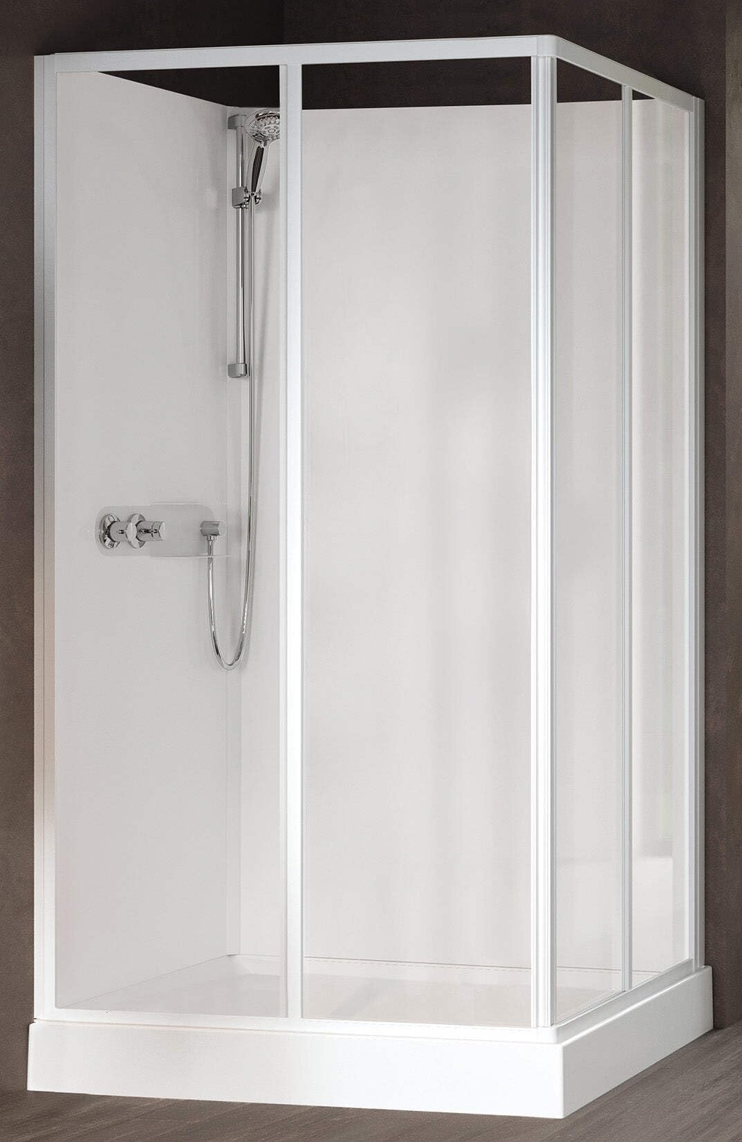 Novellini Media Glass A Standard 100 x 70 cm Cabina ducha multifunción apertura 2 puertas correderas montaje ángulo derecho izquierdo mezclador mecánico cristal transparente perfil blanco altura 210