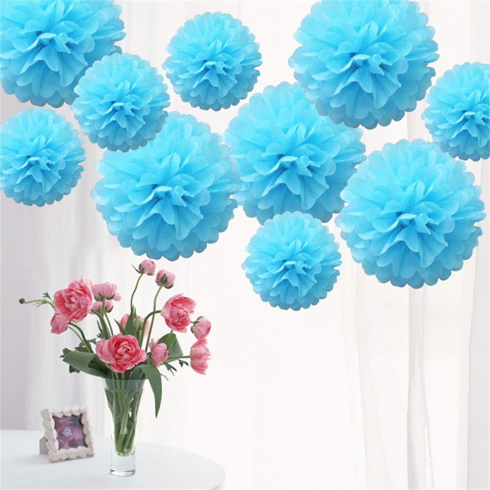 Time to Sparkle 10 Pack Mixed Tissue Paper Pompoms Pom Poms Flower Wedding Party Decoration (Aqua Blue, 10pcs Large(8"+10"+12"))