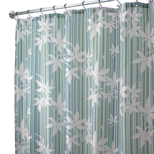 interDesign Cortina de ducha de tela a rayas florales, azul/verde