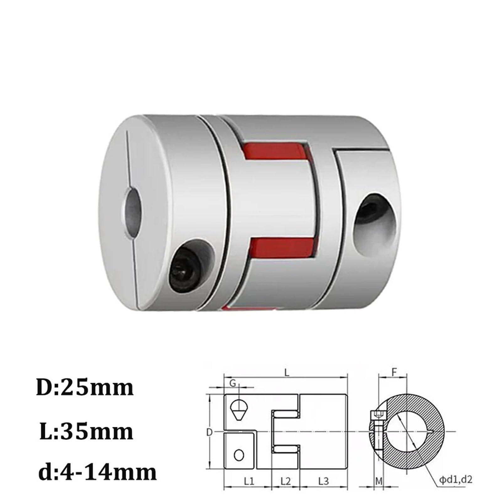Acoplador D25L35 D25 L35 eje flexible de aluminio ciruela conector de motor de acoplamiento BW almohadilla de goma sólida 4mm-14mm(10x14mm)