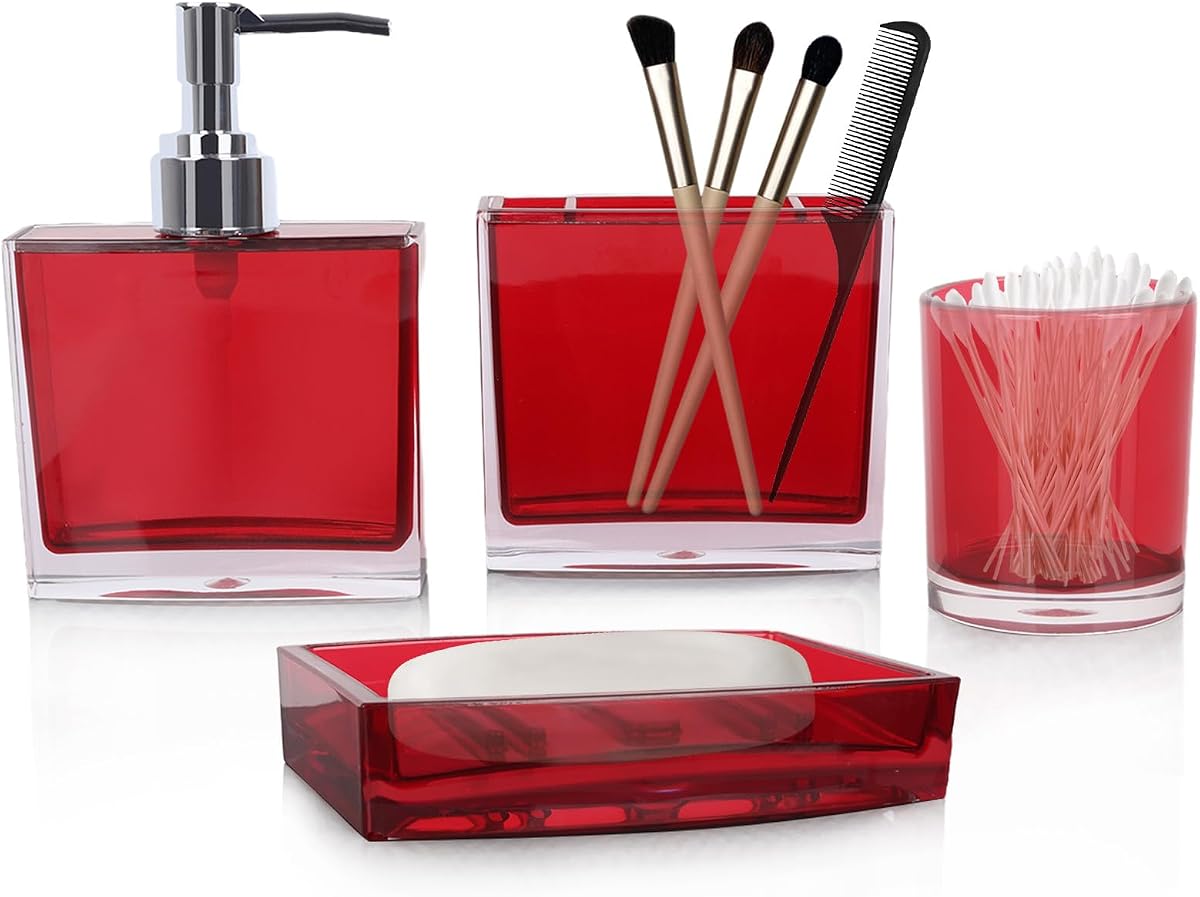LGURT 4-Pc Red Bathroom Accessories Set — Dispenser, Organizer, Dish & Cup | Acrylic, Divided Storage Decor, Vanity Countertop, Gift-Ready Essentials