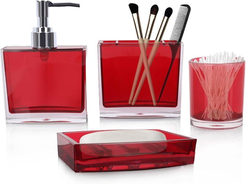 LGURT 4-Pc Red Bathroom Accessories Set — Dispenser, Organizer, Dish & Cup | Acrylic, Divided Storage Decor, Vanity Countertop, Gift-Ready Essentials