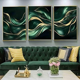 Vlolvfe Green And Gold Wall Art Gold Foil Artwork Abstract Marble Wall Art Emerald Green Canvas Emerald Abstract Painting Modern Luxury Living Room Decor 16x24inchx3pcs No Frame