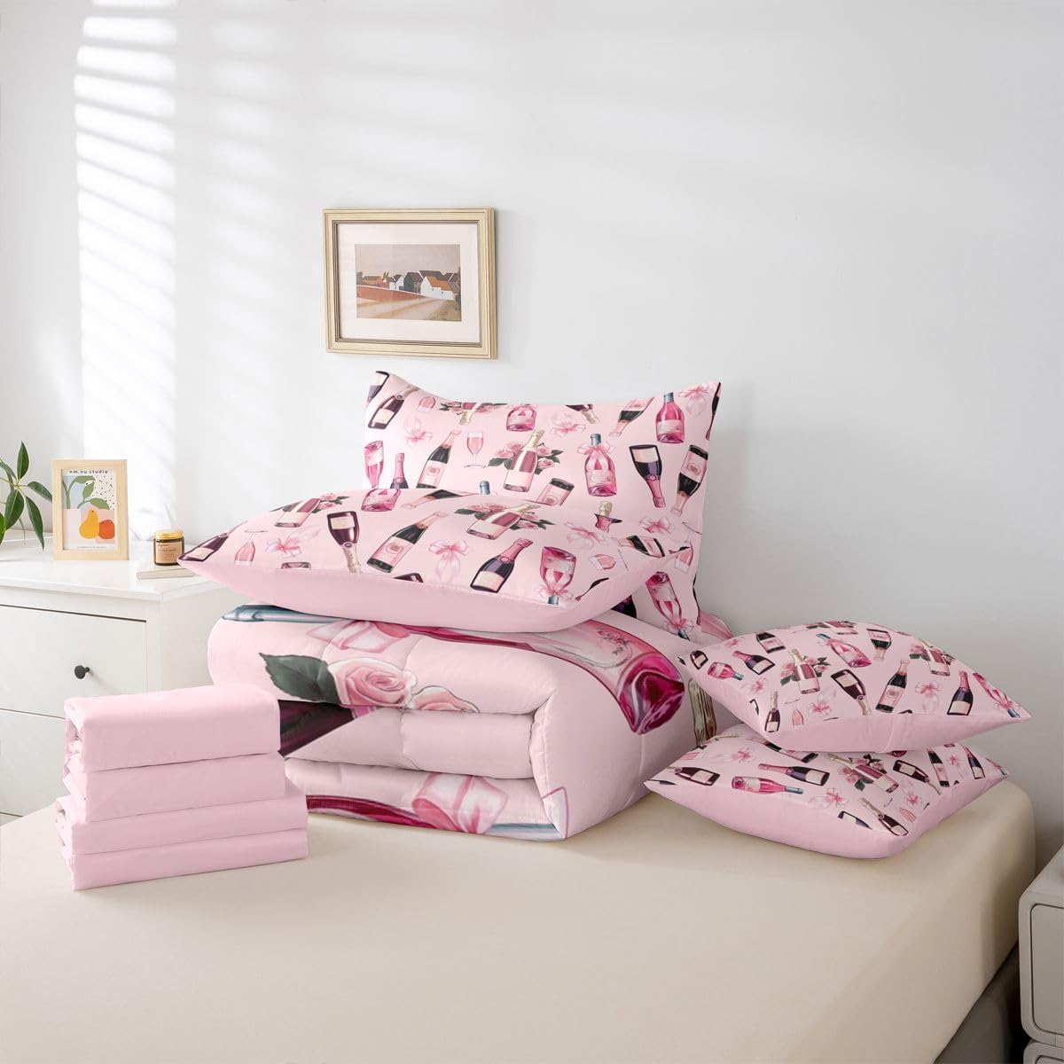 Erosebridal Bowknot Pink Black Floral Women Full Comforter Set 7 Pieces | Girly Bow Rose Bed in A Bag for Bedroom Ribbon Wine Glass Bedding Set with Comforters Coquette Room Decor