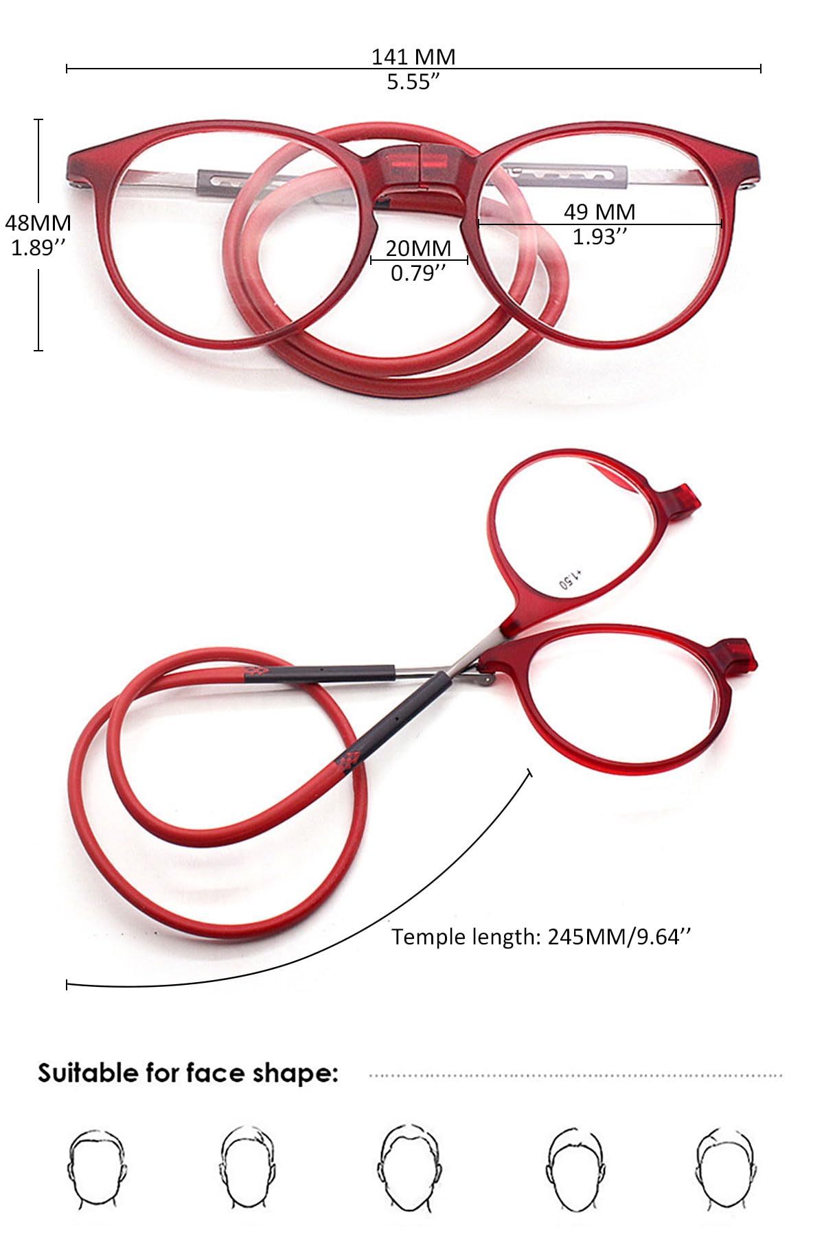 KOOSUFA Runde Magnetische Lesebrille mit Magnetverschluss Clip Herren Damen Leicht TR90 Faltbare Lesehilfe Arbeitsplatzbrille mit Einziehbare Brillenbügel, zum Aufhängen am Hals