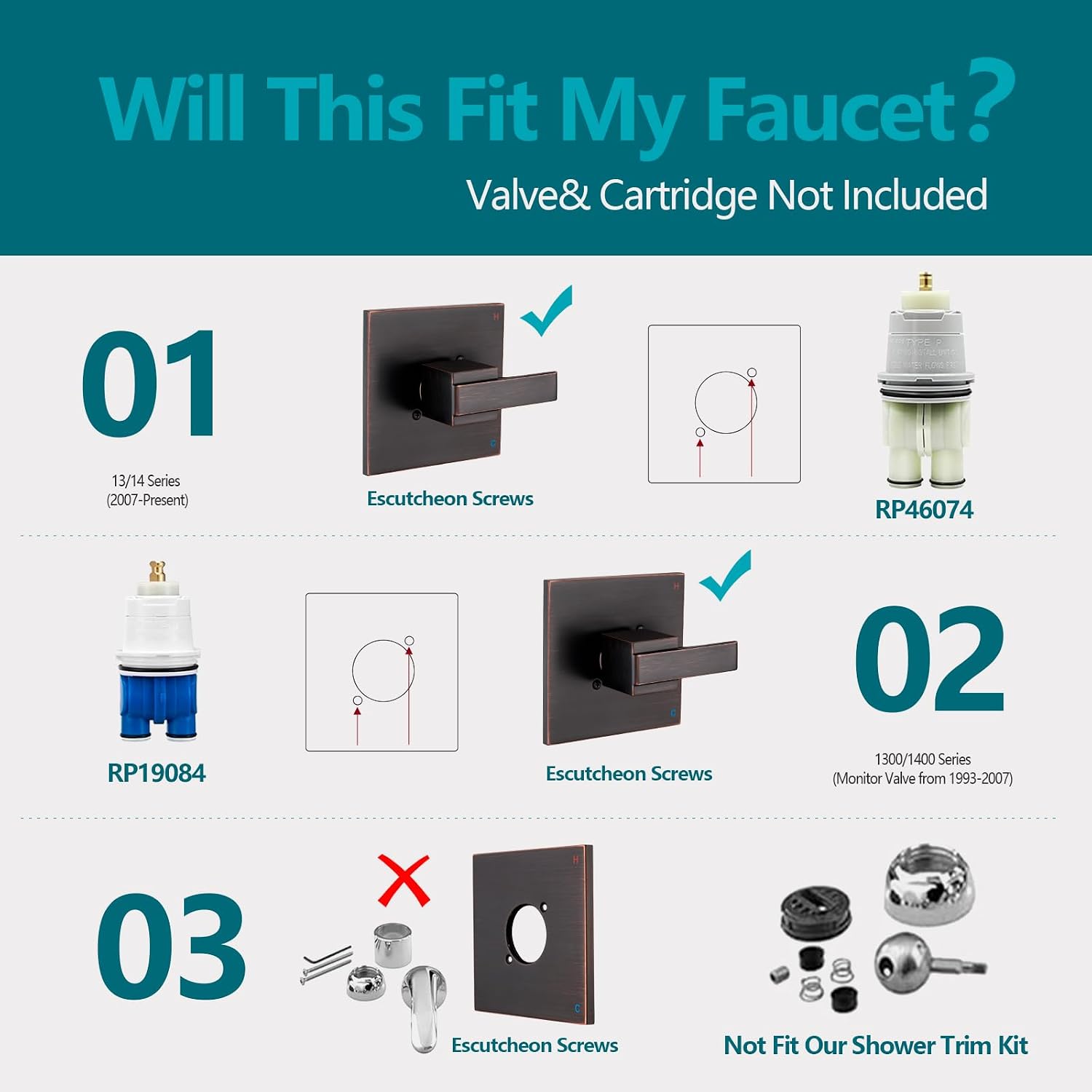 Shower Trim Kit Compatible with 13/14 Series, Shower Cover Plate with Handle (Valve& Catridge Not Inclued)- Oil Rubbed Bronze