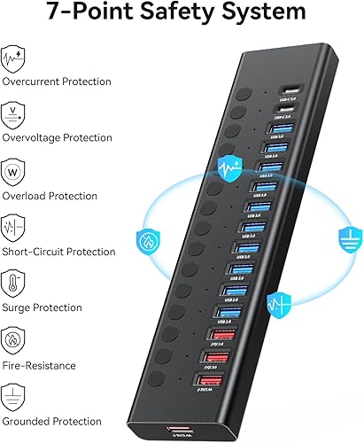 Miniatura 9 de Hub USB 3.0 alimentado, divisor de concentrador USB de 16 puertos (10 USB-A 3.0+2 QC 24W carga rápida+2 carga inteligente+2 puertos USB-C 3.0),