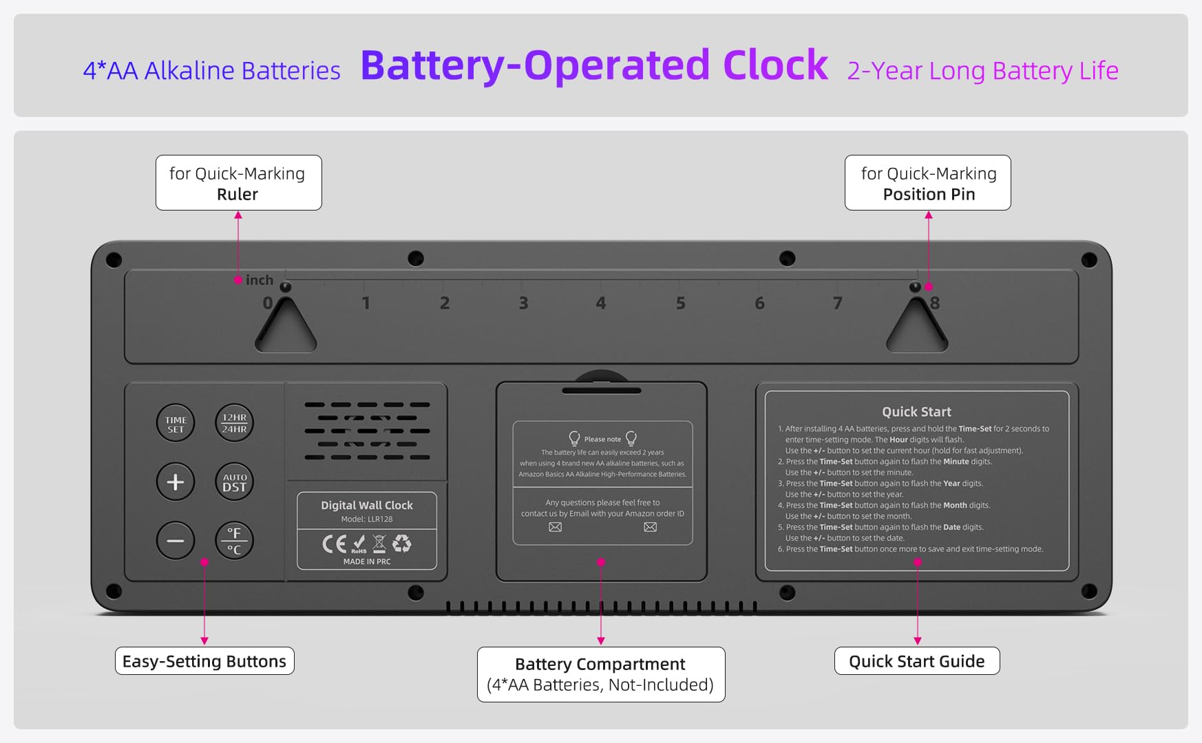 35,6 cm große digitale Wanduhr, batteriebetrieben mit Temperatur, Datum, Sommerzeit, große Digitaluhr für Küche, Bauernhaus, Schlafzimmer, Badezimmer, Klassenzimmer, Büro, Wohnzimmer – modern, leise