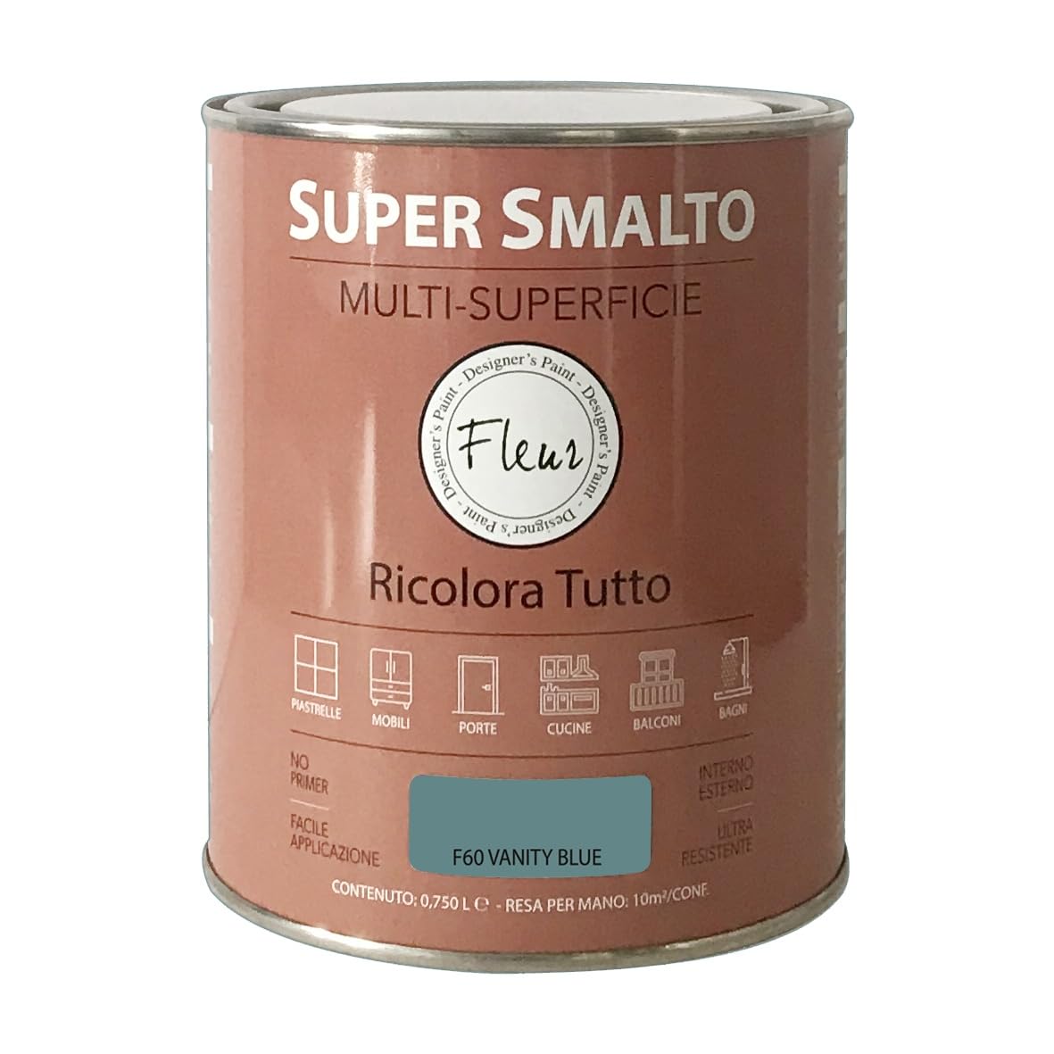 FLEUR DESIGNER'S PAINT | SUPER SMALTO Lavabile e ad Altissima Resistenza, Satinato, 750 ml F60 Vanity Blue, Pronto all'Uso, a Base Acqua, per Interno - Esterno, Made in Italy