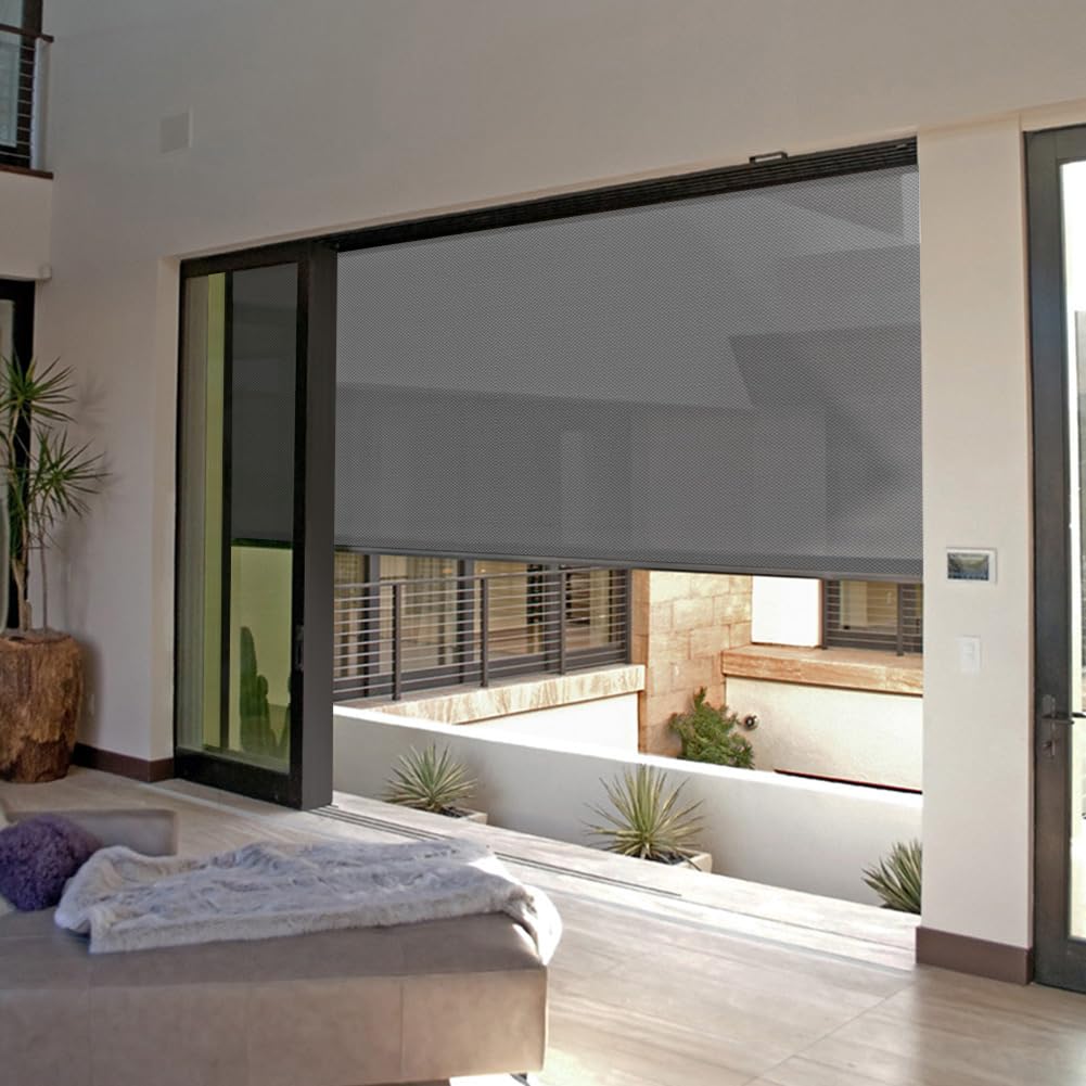 ZSHINE Hard-Wired Outdoor Snow Blocking Weatherproof Motorized Patio Roller Shades Remote Control for Porch Balcony Customized Size (Grey 10% Openness