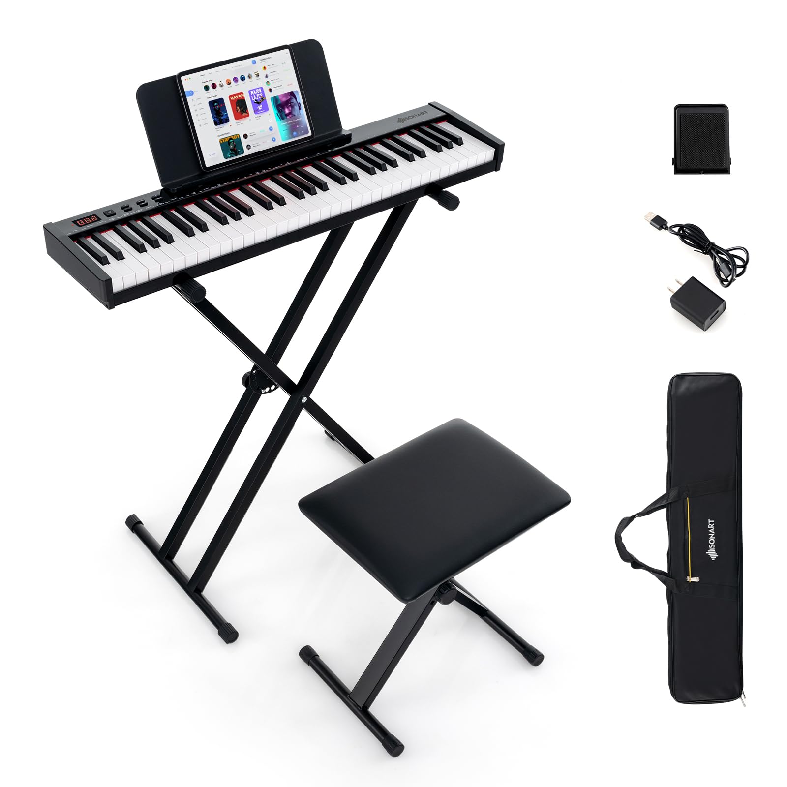 GYMAX Pianoforte Digitale 61 Tasti, Tastiera con Supporto e Sgabello Regolabili, Tasti Semi-Pesati, Funzione MIDI Audio Wireless, Leggio per Musica, Pedale Sustain e Borsa, Nero