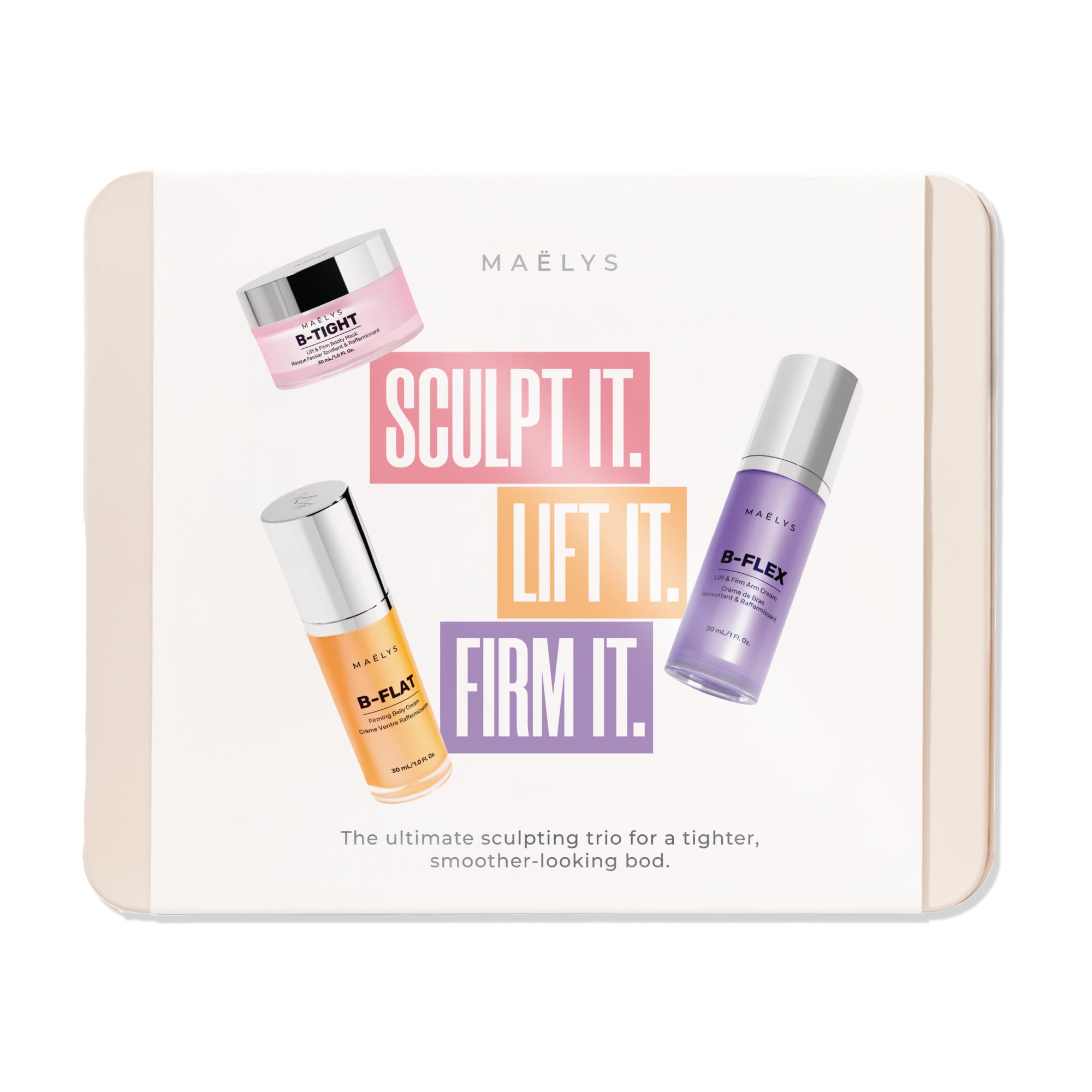 MAËLYS MINI QUEEN B'S Tightening Bundle - Firming Cream Trio for Booty, Belly & Arms - Includes B-TIGHT, B-FLAT & B-FLEX Travel Minis - Helps Improve the look of Stretch Marks & Cellulite (1.0 Fl Oz)