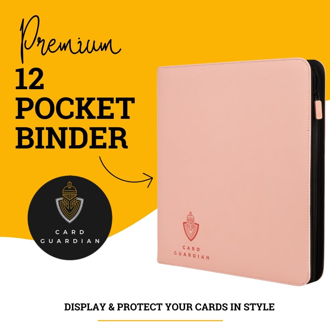 Card Guardian - 12 Pocket Premium Binder with Zipper for 480 Cards - Side Loading Pockets for Trading Card Games TCG (Pink)