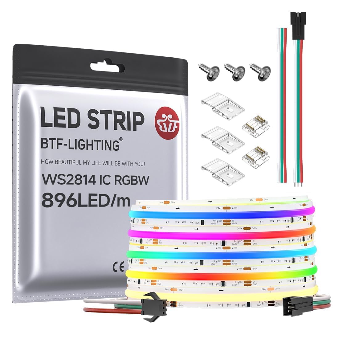 BTF-LIGHTING COB FCOB SPI RGBWW RGB+Warmweiß(3000K) flexibel Hochdichte LED Streifen WS2814 IC RGBW LED Stripe 5M 896LEDs/m 24V IP30 programmierbar Chasing Farbe(ohne Netzteil & Controller)