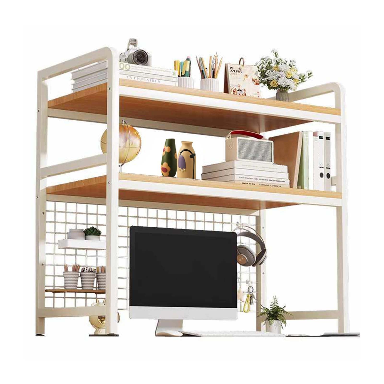 Guoddm White 2-Tier Desktop Bookshelf, Metal/Wood Multipurpose Countertop Hutch Organizer Shelf, Desk Shelf Unit Office Storage Shelves Desktop Display Stand(,95Cm)