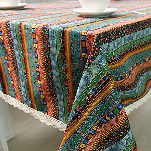 Nappe coton lin bleu rétro rectangle 140x160 cm de style ethnique - 7