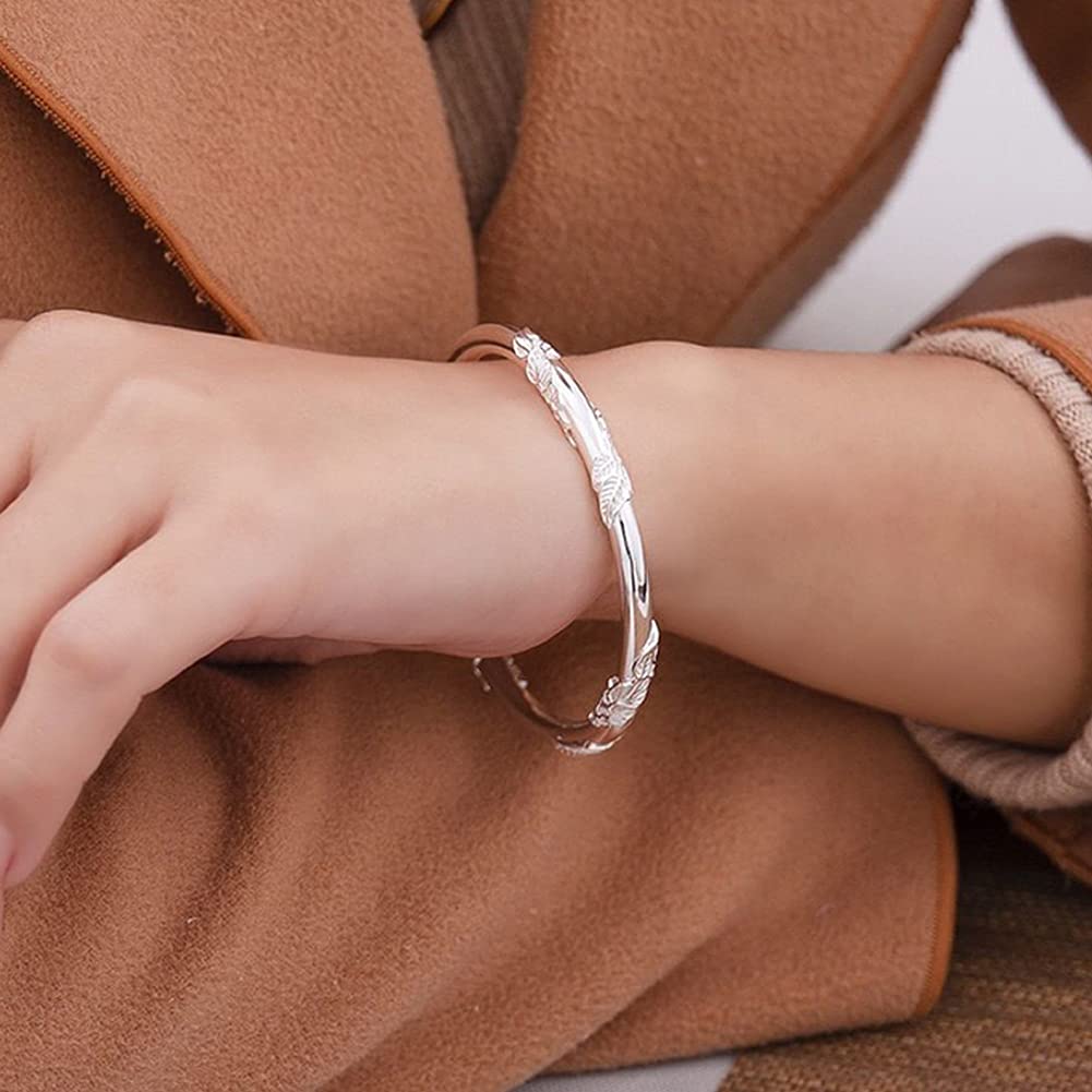 999 Sterling Silver Bangle, Women Handmade Vintage Bamboo