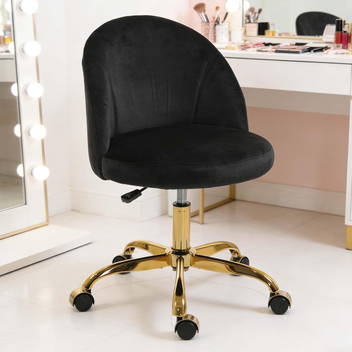 Black and Gold Vanity Chair with Back, Small Chair for Vanity, Velvet Swivel Makeup Chairs & Cute Deak Chairs with Wheels for Girls | Adjustable Hight, Gold Base for Bedroom, Home Office