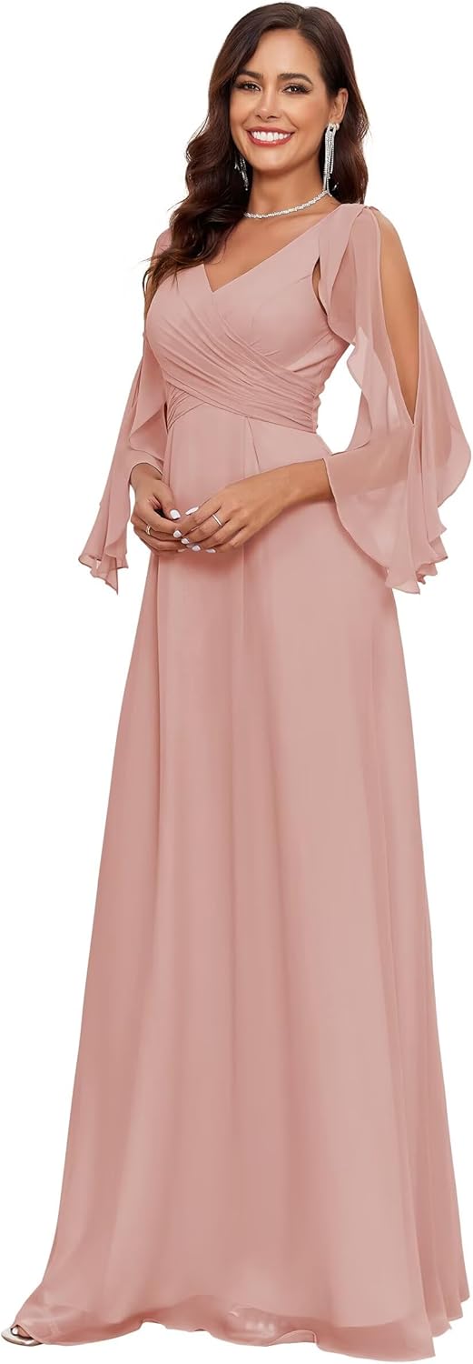 Cold Shoulder Bridesmaid Dresses with Sleeves for Women V Neck Chiffon A Line Pleated Formal Evening Gown