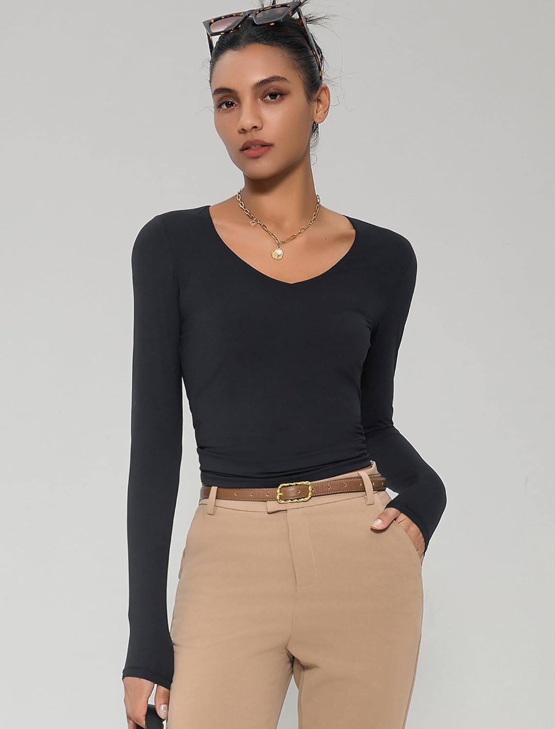 Avidlove Womens Long Sleeve Tops Double Lined V Neck Top Fitted Basic T Shirts Going Out Tops with Panties - Image 8