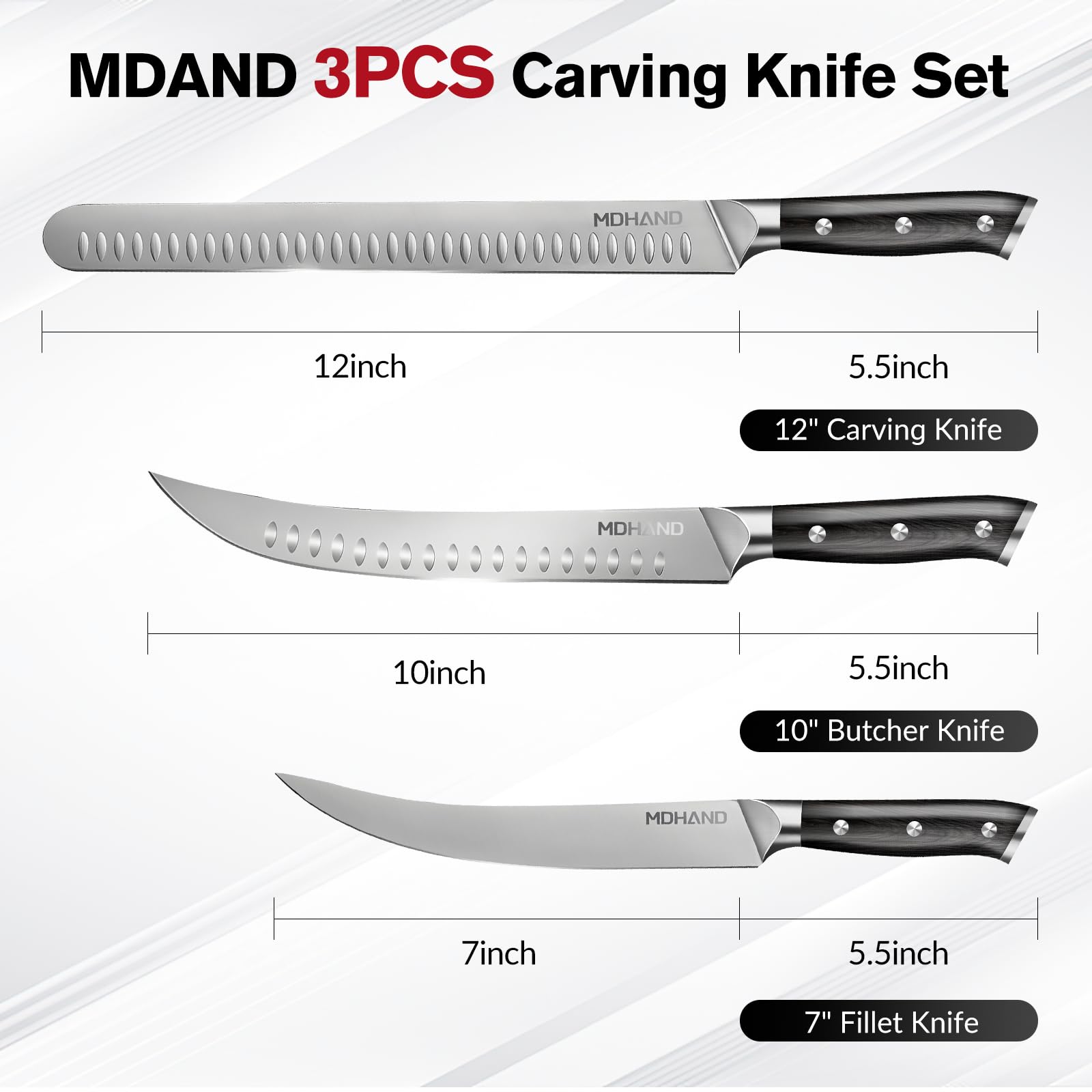 MDHAND 3 teiliges Messerset, Profi Küchenmesser Set mit Filetiermesser Schinkenmesser Fleischmesser aus Deutscher Hochgekohlter Edelstahl Scharfer langlebig zum Schneiden von Fleisch