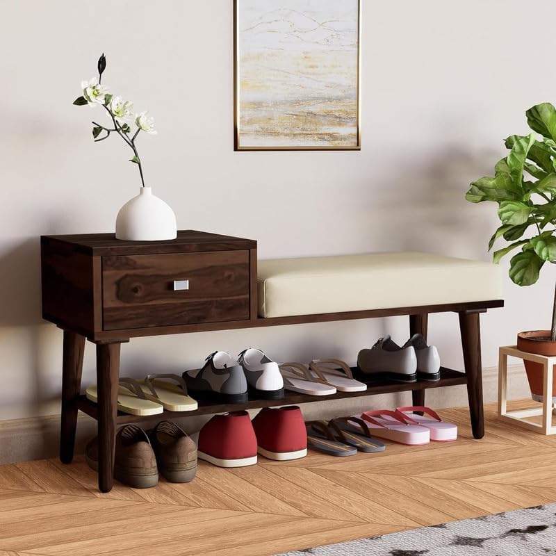 Image of VK Furniture Solid Sheesham Wood Shoe Rack with 1 Drawer Storage | Wooden Large Size Shoe Cabinet with Cushion Seating for Home, Living Room, Hotel, Enteryway (Walnut Finish)