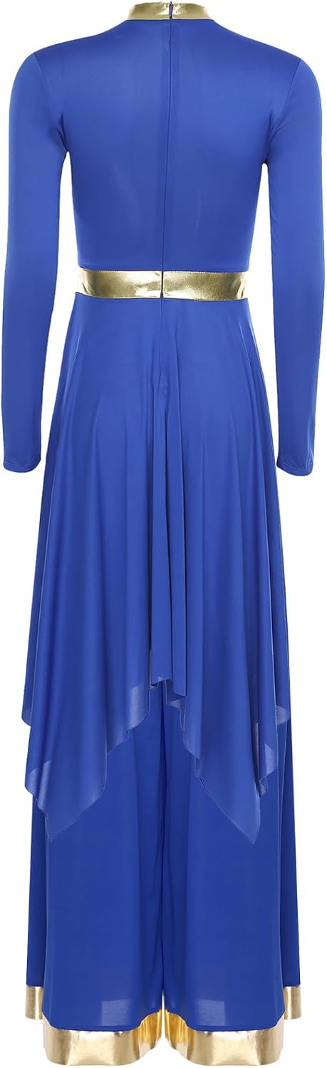Women Liturgical Praise Dance Dress Long Sleeve Metallic Overlays Top Dress with Wide Leg Pants Set