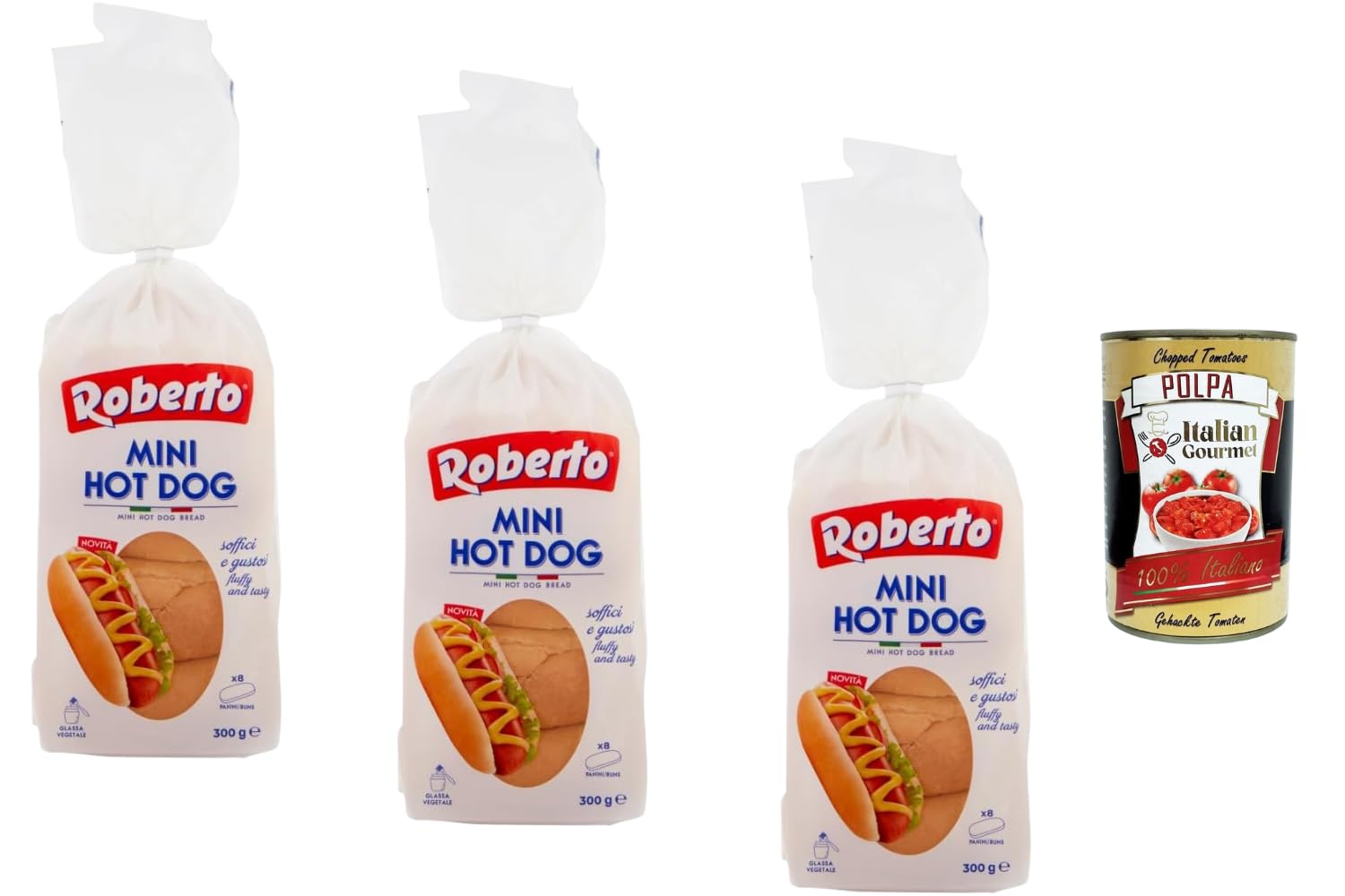 Italian Gourmet Mini Hot Dog Buns 3 x 300 g panecillos suaves para hot dogs, sándwiches, fiesta, buffet, parrilla, BBQ, cumpleaños de niños, paquete de reserva + Italian Gourmet Polpa