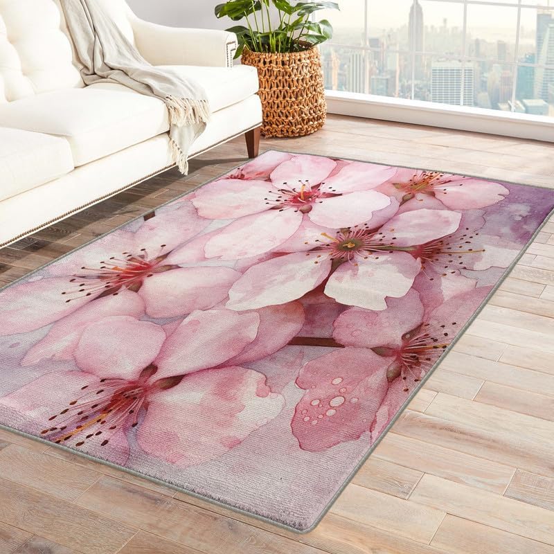 Miniatura 1 de Alfombras lavables para sala de estar, dormitorio, alfombra en flor de cerezo y decoración del hogar, alfombra de área rosa Sakura de 5 x 8 pies,