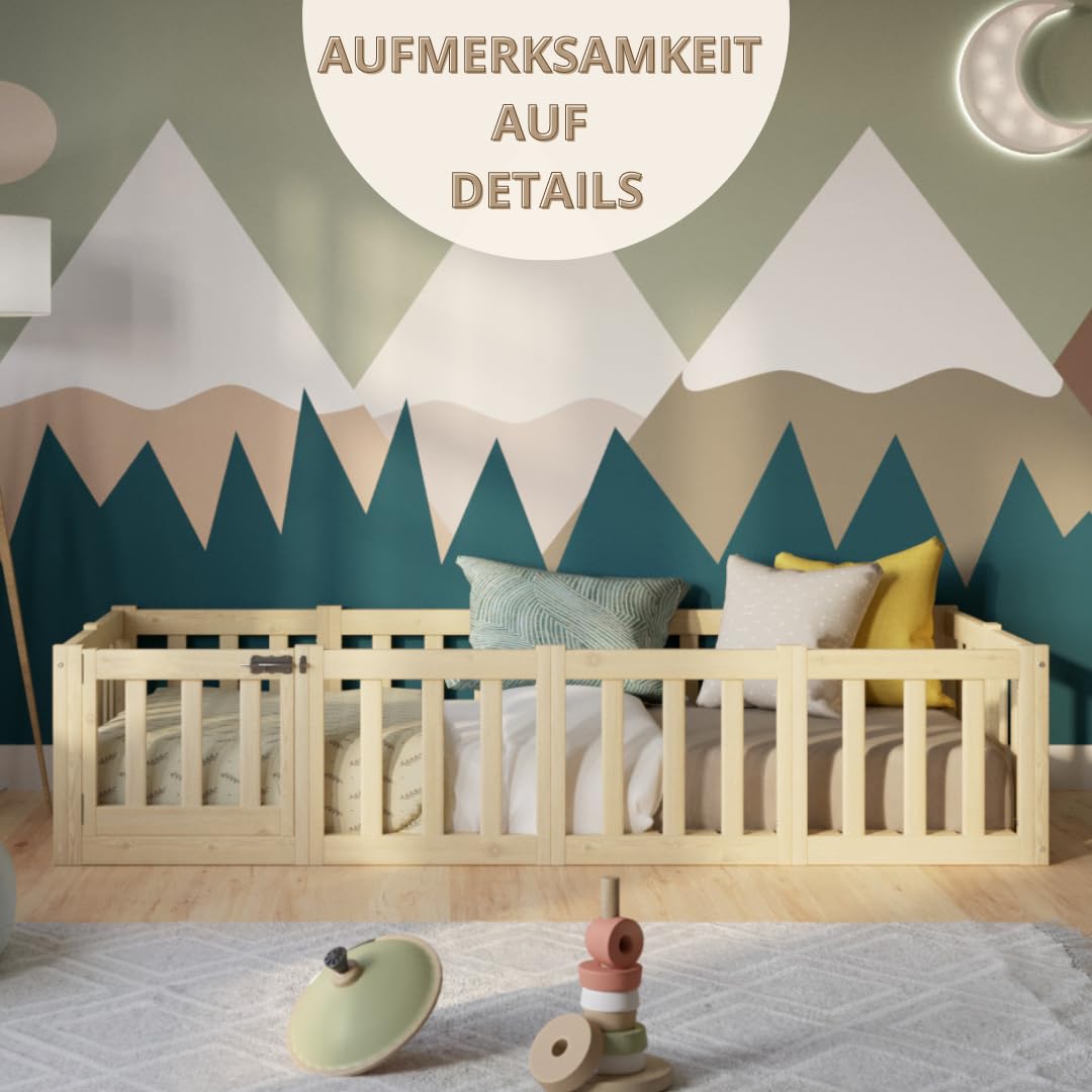 Kinderbett 140x180 cm – Montessori Bodenbett mit Rausfallschutz 40cm und Öffnbarer Barriere - Natürlichem Holz mit Glatter Oberfläche - Perfekt für Jungen und Mädchen Crazy Johnny