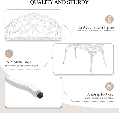 Miniatura 5 de VINGLI Patio Park Garden - Banco de rosas de metal para exteriores, estructura de aluminio fundido de hierro fundido, acabado antiguo, decoración de