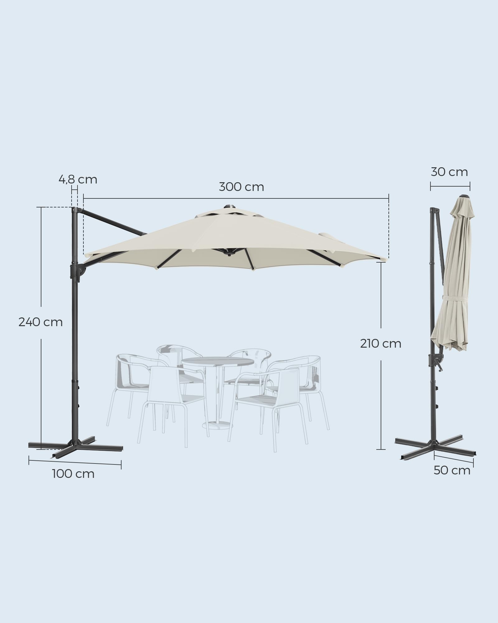 SONGMICS Parasol przeciwsłoneczny, 300 cm, UPF 50+, parasol ogrodowy, obracany o 360°, bezstopniowo regulowany kąt nachylenia, z korbą, stopka krzyżowa