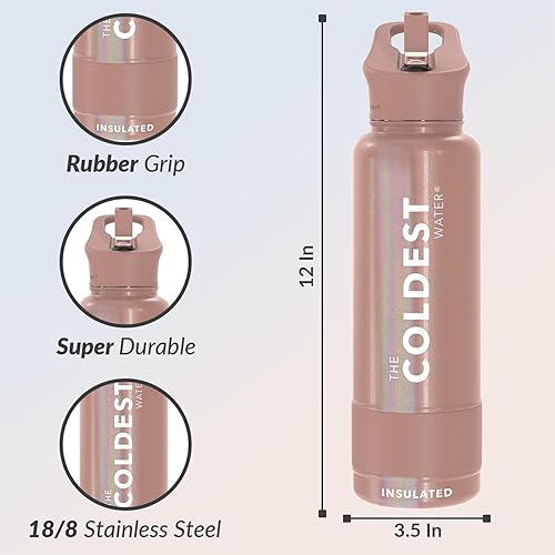Miniatura 107 de Coldest - Botella de agua deportiva con tapa con popote y asa, a prueba de fugas, de acero inoxidable con aislamiento al vacío de doble pared,
