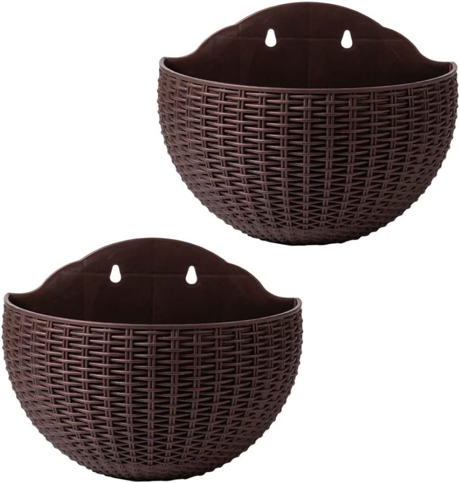 Plant Hanging Planters Baskets, 2Pcs Wall Hanging Planter Hanging Flower Pots Plastic Plant Baskets Container Flower Pot with Drainage and Hooks for Fence Coffee