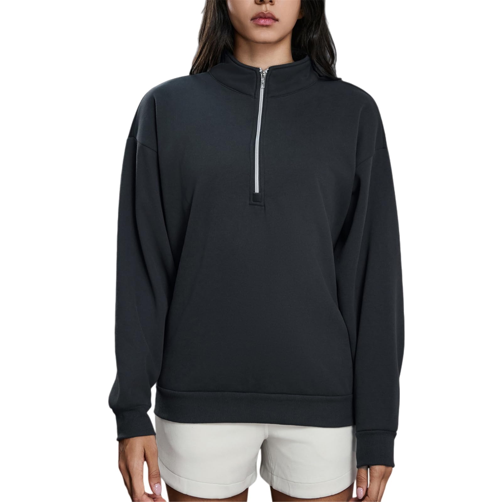 Generisch Damska bluza z zamkiem błyskawicznym i podszewką z bawełny polarowej, damska bluza oversize z zamkiem błyskawicznym na ćwiartki, moda jesienna