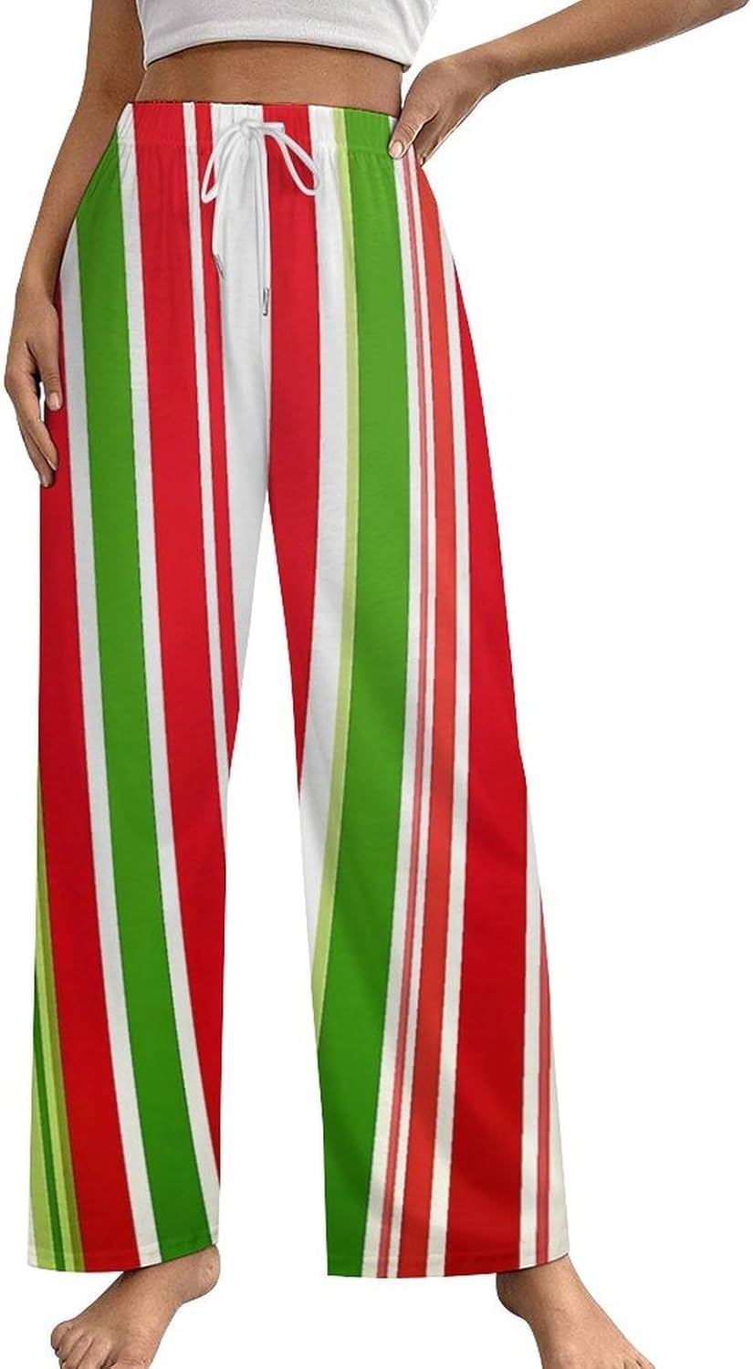 Red Green Striped Pattern Women's Pajama Pants Wide Leg Casual Lounge Pants Drawstring Sleep Bottoms
