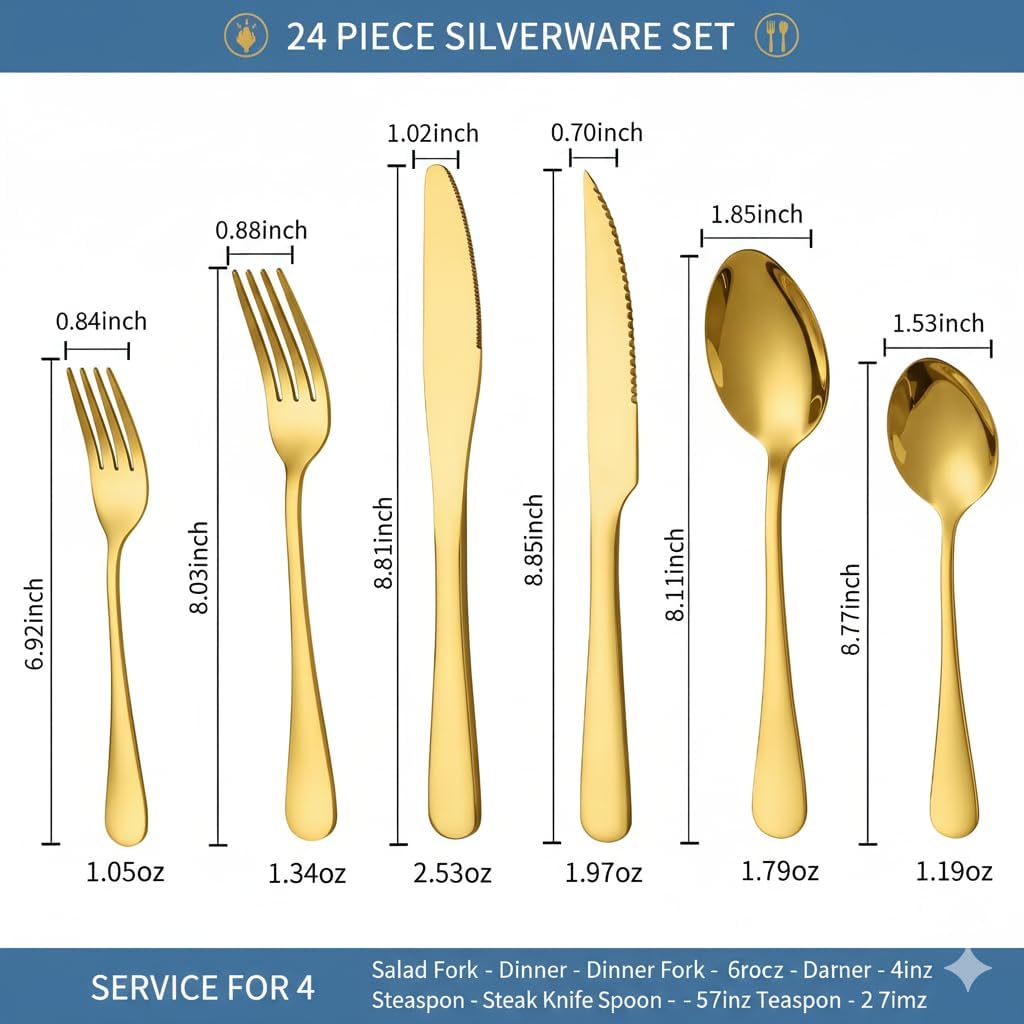 GPY Gold Silverware Set with Steak Knives, 24-Piece Stainless Steel Flatware Set Service for 4, Titanium Plated Gold Cutlery with Mirror Finish, Dishwasher Safe for Wedding, Party & Gift
