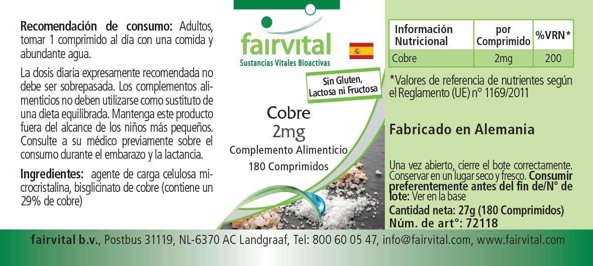 fairvital Rame 2 mg, 180 compresse, facili da deglutire, bisglicinato di rame, qualità testata e ad alto dosaggio, 100% vegano, Made in Germany