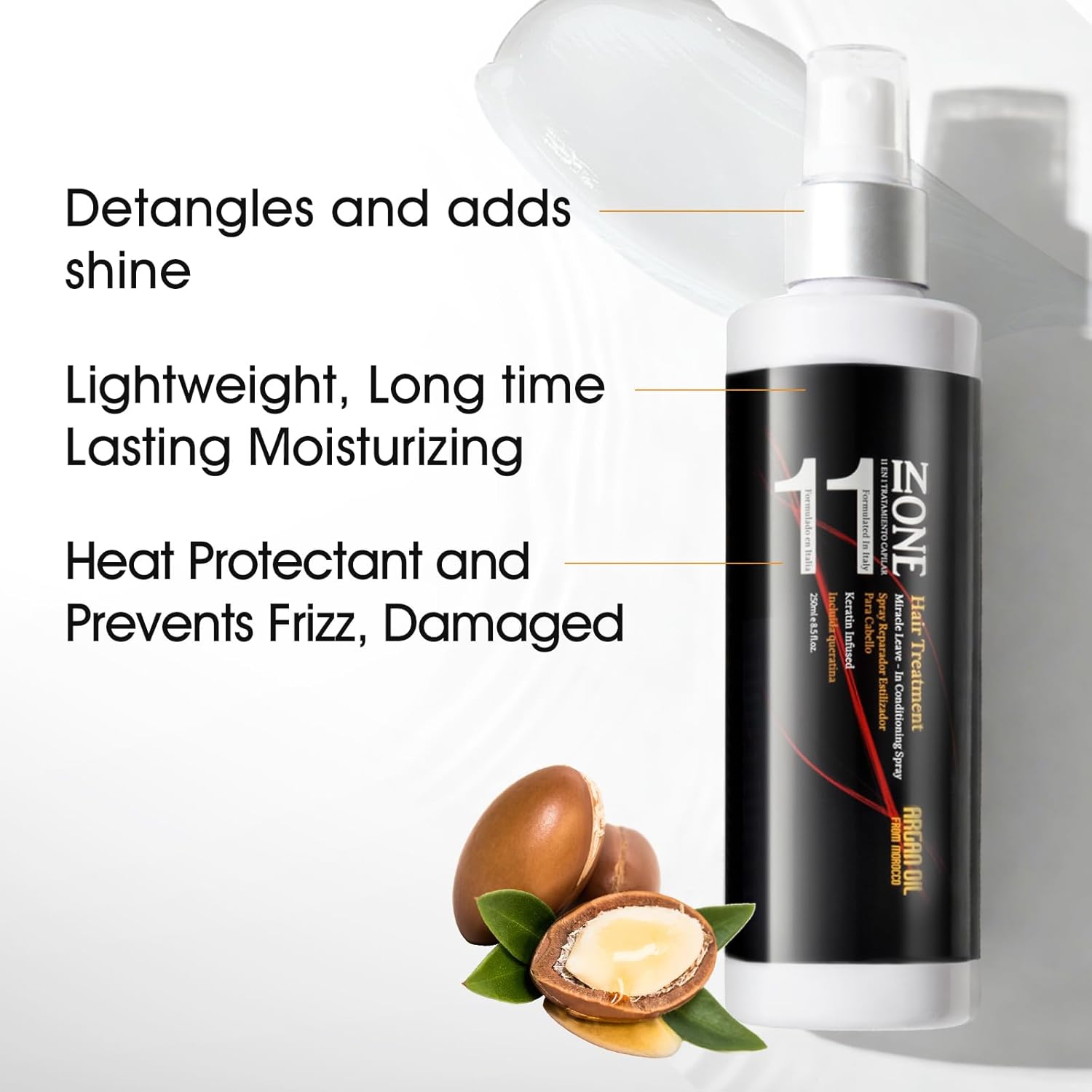 11 in 1 Moroccan Argan Oil Leave in Conditioner Spray Hair Treatment with Keratin Ultra Rich Care Nourish Spray, Color Safe with Long Lasting Shine, Tangle and Frizz Free Finish - Locks Moisture - Image 3