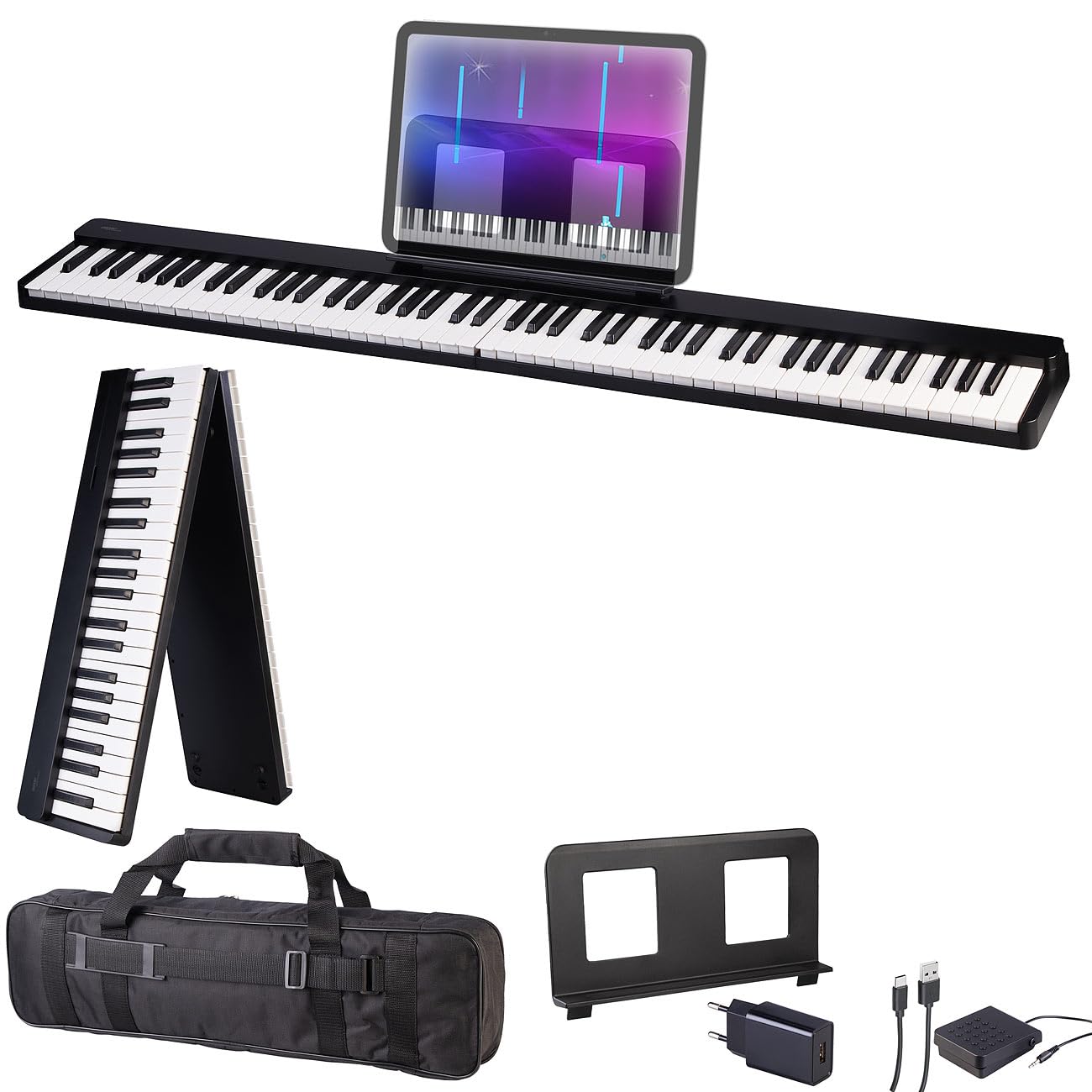 auvisio E Piano: Faltbares Klavier, 88 halbgewichtete Leuchttasten, MIDI, App, Tasche (MIDI Keyboard 88, Keyboard-Pianos, Party)