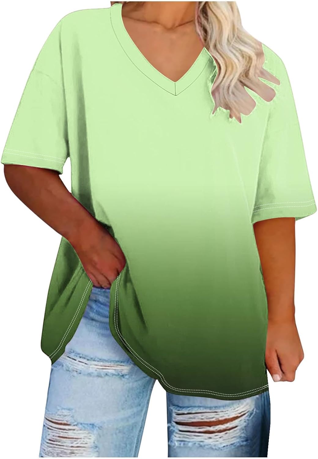 Plus Size Tops for Women V Neck Graphic T Shirts Loose Fit Casual Blouses Short Sleeve Cotton Summer Blouse 2025