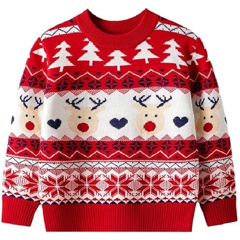 Clundoo Christmas Sweater for Kids Boy's Girl's Funny Xmas Knitted Pullover Reindeer Christmas Tree Pattern Cute Knitwear Jumper Cover