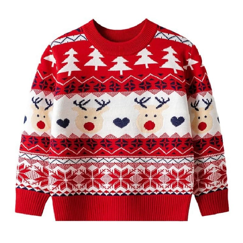 Clundoo Christmas Sweater for Kids Boys Girls Funny Xmas Knitted Pullover Reindeer Christmas Tree Pattern Cute Knitwear Jumper Red 130cm
