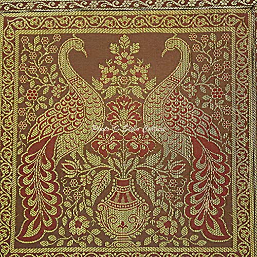 Image of Decorative Brocade Cushion Covers 16x16 Inch Banarasi Jacquard Weave Coffee Brown & Gold Living Room Peacock Traditional Square 40x40 cm Zippered Sofa Settee Pillowcases -Set of 5 Pcs