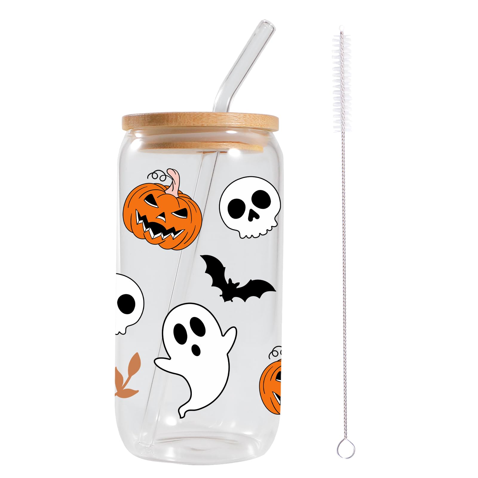JEKUGOT Halloween Pumpkins Ghosts Cup, Halloween Ghost Iced Coffee Cups, Glass Cup with Lid and Straw, Lovers Gothic 16 oz Glass Cups, for Halloweens Themed, Party Decor, Gifts for Women