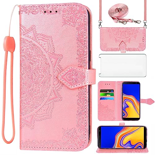 Asuwish Coque pour Samsung Galaxy J4 Plus 2018 avec Verre Trempé Protecteur D'écran Rabat Support Cuir Porte Carte Portefeuille Mandala Étui J4+ Core J 4+ +...