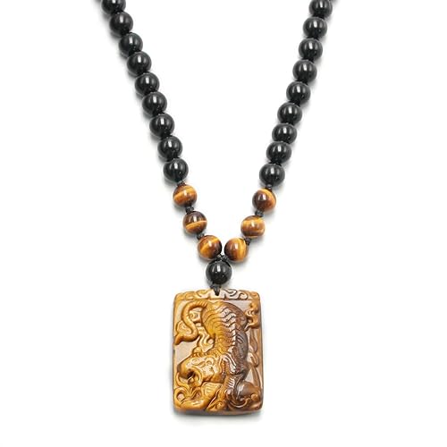 Protection Crystal Tigers Eye Necklace for Men - Real Tiger Eye Crystal Black Obsidian Beaded Necklace for Men, Onesmek Hand Carve Healing Tiger