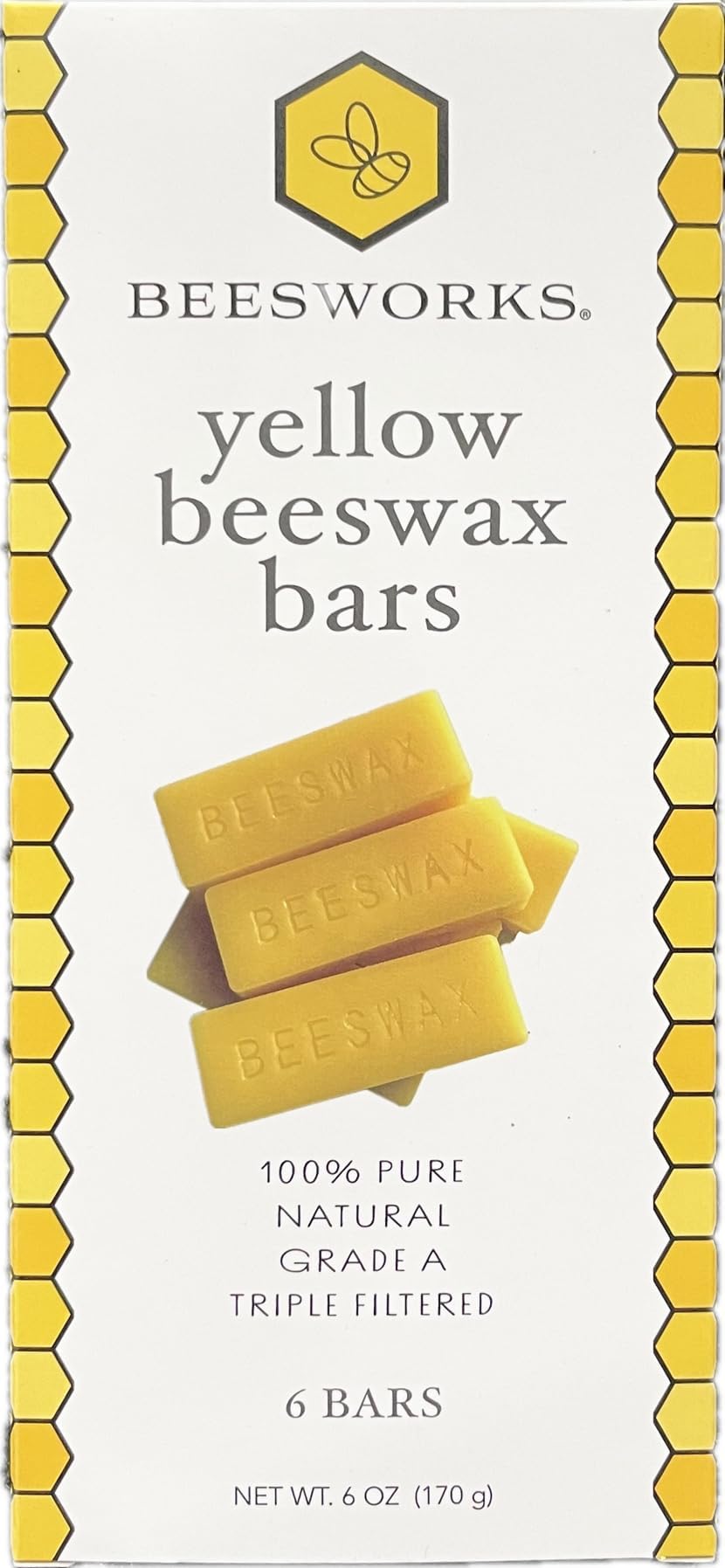 Beesworks Yellow Beeswax Bars (6 oz) | 100% Pure, Cosmetic Grade, Triple-Filtered Beeswax for DIY Skin Care, Lip Balm, Lotion and Candle Making (1 oz Bars - Pack of 6)